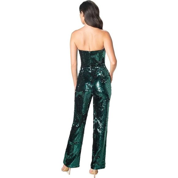 DRESS THE POPULATION Andy Sequin Strapless Jumpsuit in Deep Emerald Size Medium - Picture 12 of 13